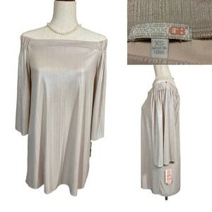 GIANNI BINI Dressy Gold Shimmer Crinkle Satin Tunic Mini Dress Off-Shoulder XS